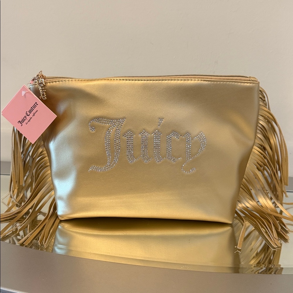 🆕 JUICY COUTURE Gold Fringe Bling Logo Cosmetic Bag Large Makeup Travel Case NWT